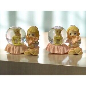2-Vintage Girl Figurines Holding A Bouquet Of Flowers By A Bear In Water Globe